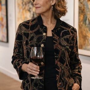 Vintage Artsy Velvet Jacket Womens 14 Petite Black Elegant Sophisticated EUC